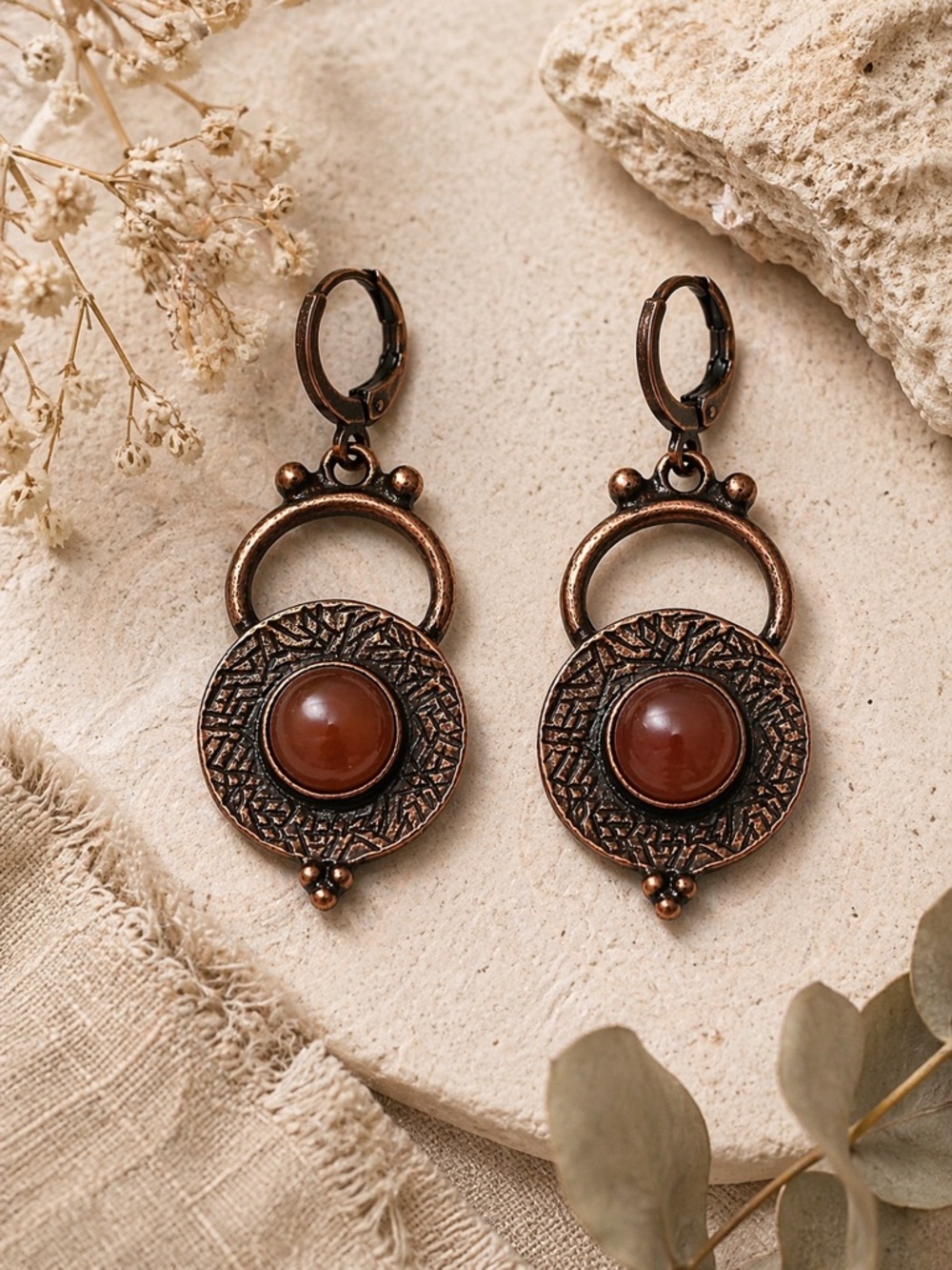 Boho Copper Brown Agate Earrings, Earthy Dangle, Artisan Statement